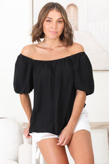 Bertie Top - On or Off Shoulder Short Billow Sleeve Top in Black