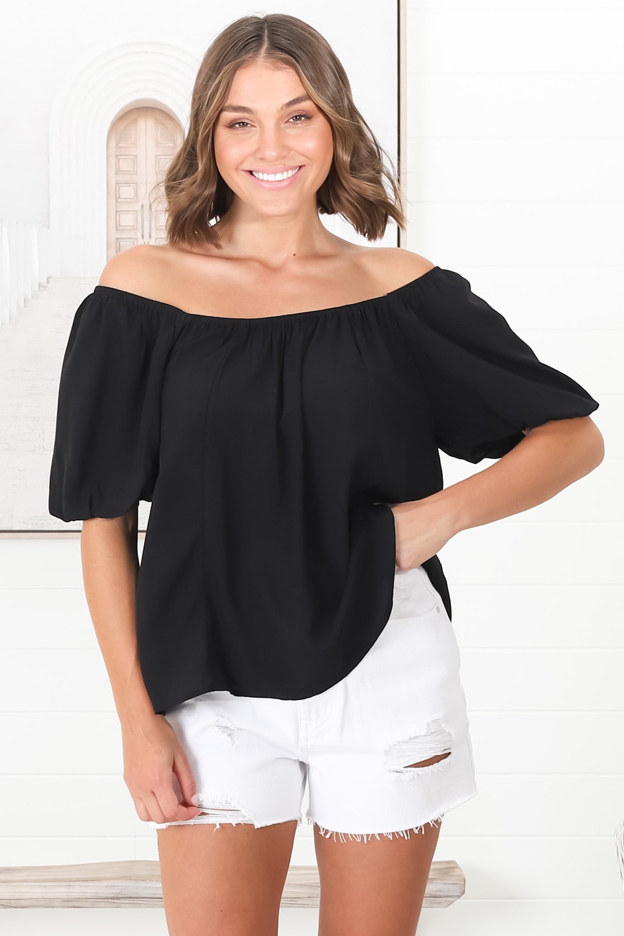 Bertie Top - On or Off Shoulder Short Billow Sleeve Top in Black