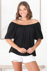 Bertie Top - On or Off Shoulder Short Billow Sleeve Top in Black