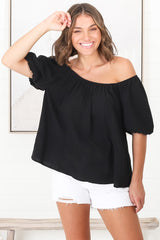 Bertie Top - On or Off Shoulder Short Billow Sleeve Top in Black