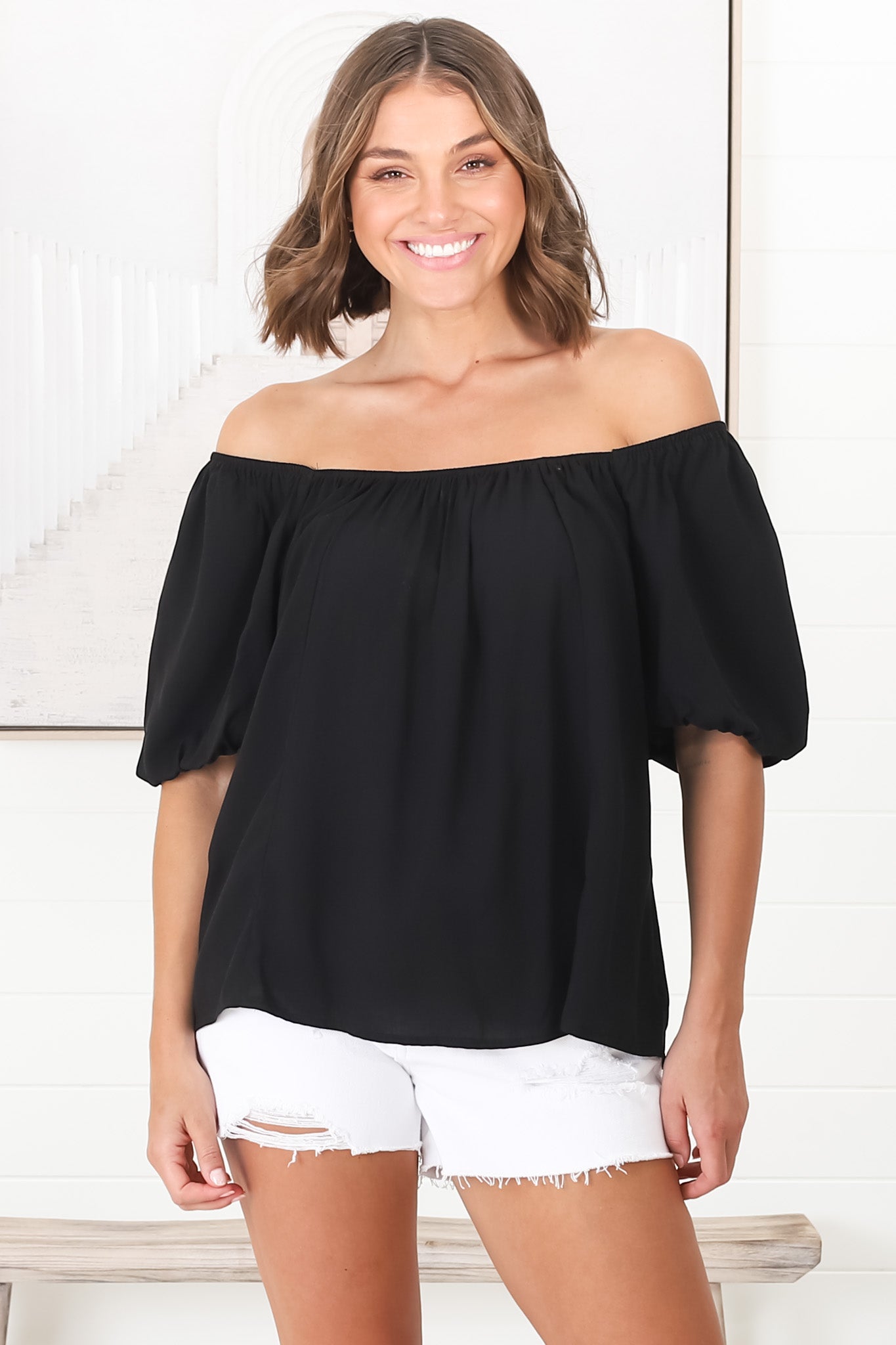 Bertie Top - On or Off Shoulder Short Billow Sleeve Top in Black