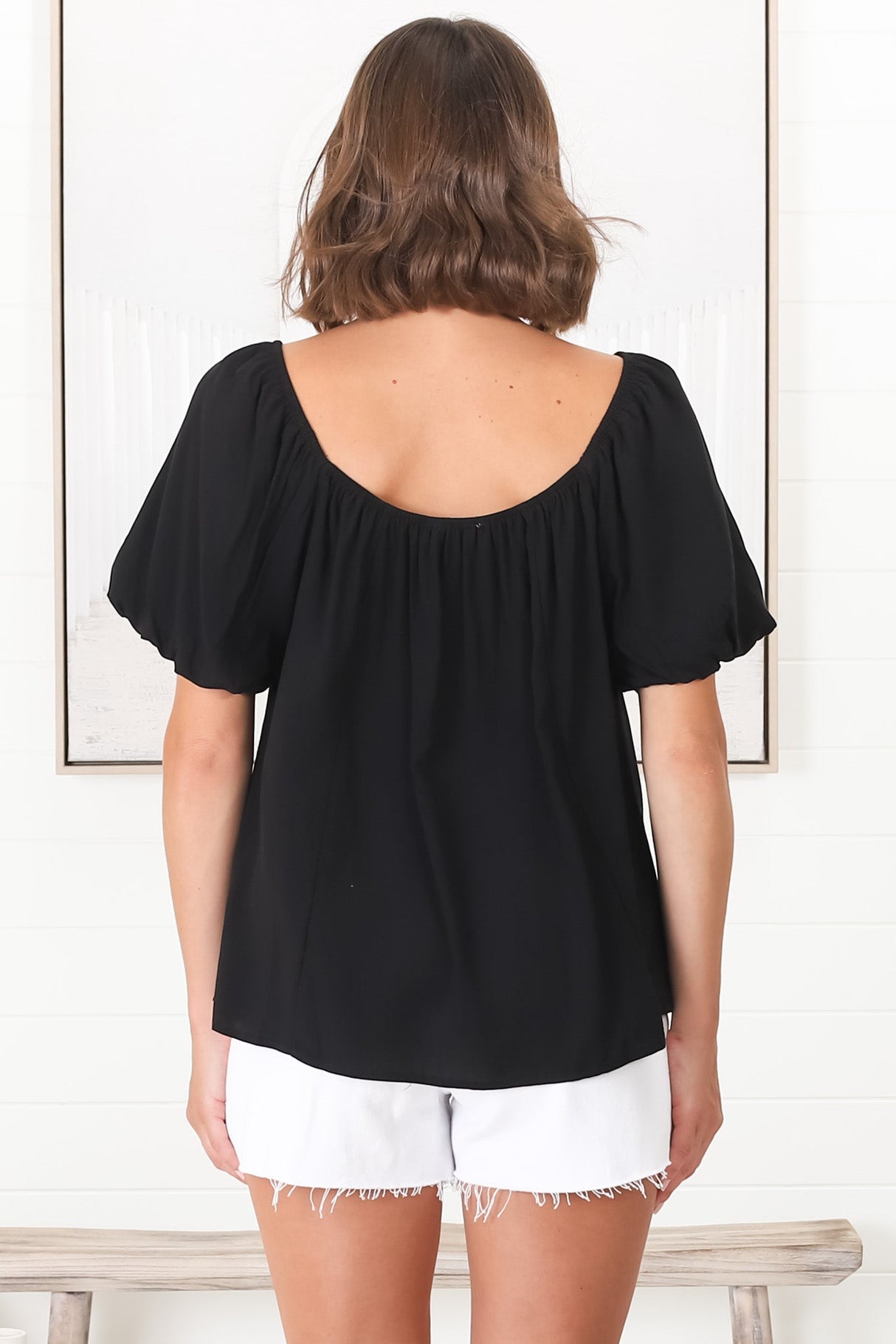 Bertie Top - On or Off Shoulder Short Billow Sleeve Top in Black