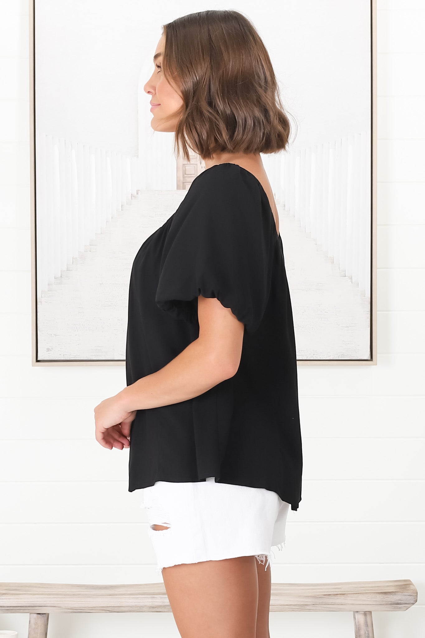 Bertie Top - On or Off Shoulder Short Billow Sleeve Top in Black