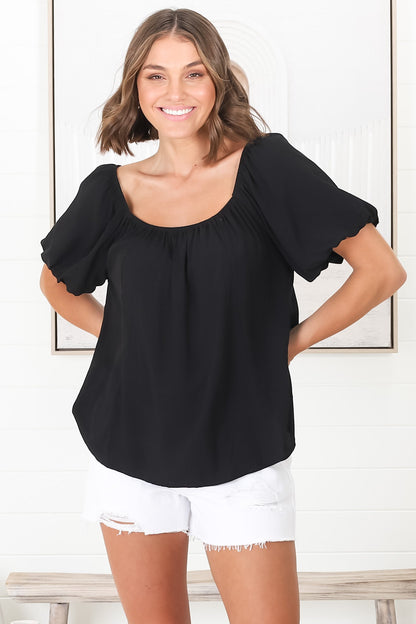 Bertie Top - On or Off Shoulder Short Billow Sleeve Top in Black