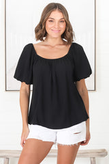 Bertie Top - On or Off Shoulder Short Billow Sleeve Top in Black