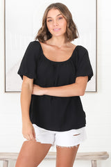 Bertie Top - On or Off Shoulder Short Billow Sleeve Top in Black