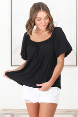 Bertie Top - On or Off Shoulder Short Billow Sleeve Top in Black