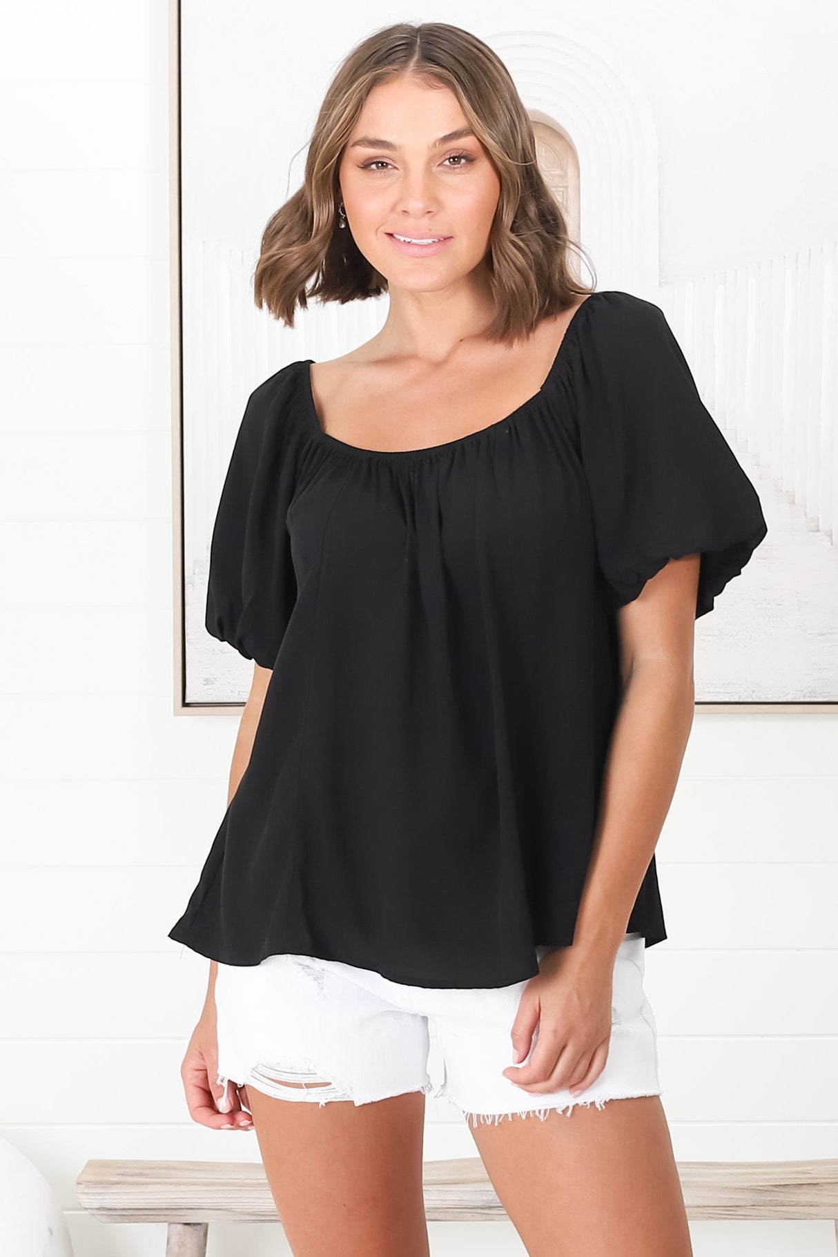 Bertie Top - On or Off Shoulder Short Billow Sleeve Top in Black