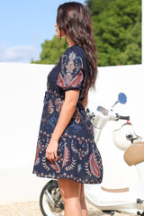 Bestie Mini Dress - V Neck Balloon Sleeve Dress with Tie Waist and Pockets in Magah Print Navy