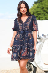 Bestie Mini Dress - V Neck Balloon Sleeve Dress with Tie Waist and Pockets in Magah Print Navy