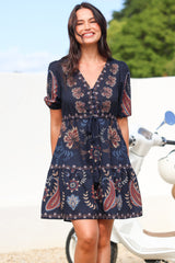 Bestie Mini Dress - V Neck Balloon Sleeve Dress with Tie Waist and Pockets in Magah Print Navy