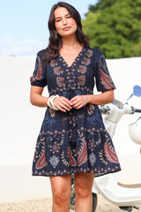 Bestie Mini Dress - V Neck Balloon Sleeve Dress with Tie Waist and Pockets in Magah Print Navy
