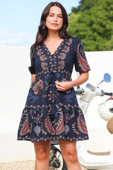 Bestie Mini Dress - V Neck Balloon Sleeve Dress with Tie Waist and Pockets in Magah Print Navy