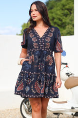 Bestie Mini Dress - V Neck Balloon Sleeve Dress with Tie Waist and Pockets in Magah Print Navy