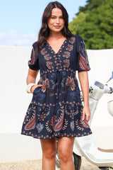 Bestie Mini Dress - V Neck Balloon Sleeve Dress with Tie Waist and Pockets in Magah Print Navy