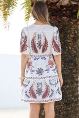 Bestie Mini Dress - V Neck Balloon Sleeve Dress with Tie Waist and Pockets in Magah Print White