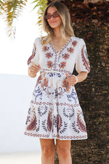 Bestie Mini Dress - V Neck Balloon Sleeve Dress with Tie Waist and Pockets in Magah Print White