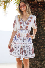 Bestie Mini Dress - V Neck Balloon Sleeve Dress with Tie Waist and Pockets in Magah Print White