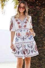 Bestie Mini Dress - V Neck Balloon Sleeve Dress with Tie Waist and Pockets in Magah Print White