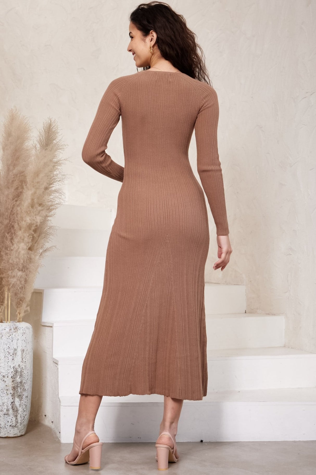 Bethani Knit Maxi Dress - Body Con Knit Dress in Brown