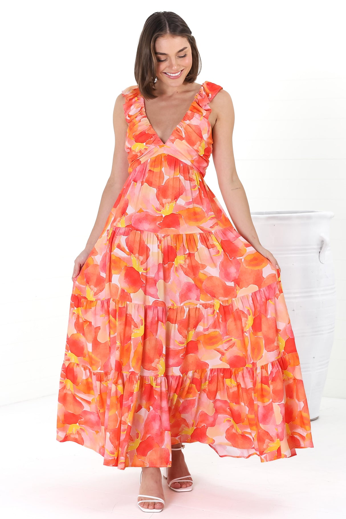 Bethany Maxi Dress - Frill Strap Tiered A-Line Dress in Lavie Print