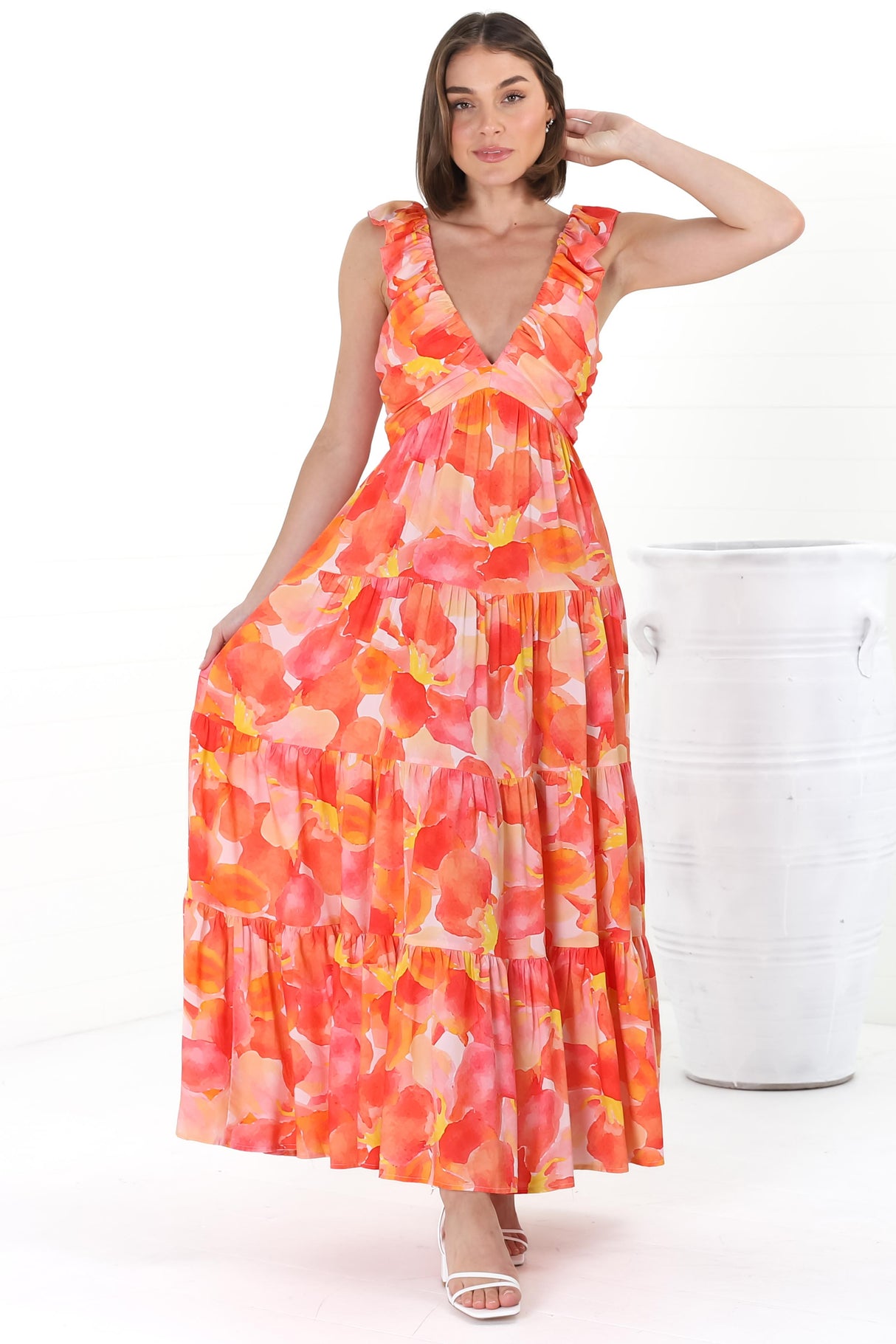 Bethany Maxi Dress - Frill Strap Tiered A-Line Dress in Lavie Print