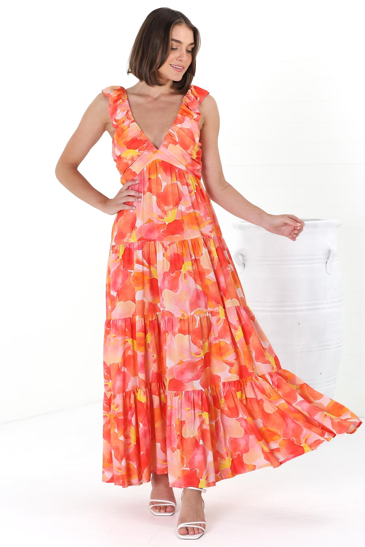 Bethany Maxi Dress - Frill Strap Tiered A-Line Dress in Lavie Print