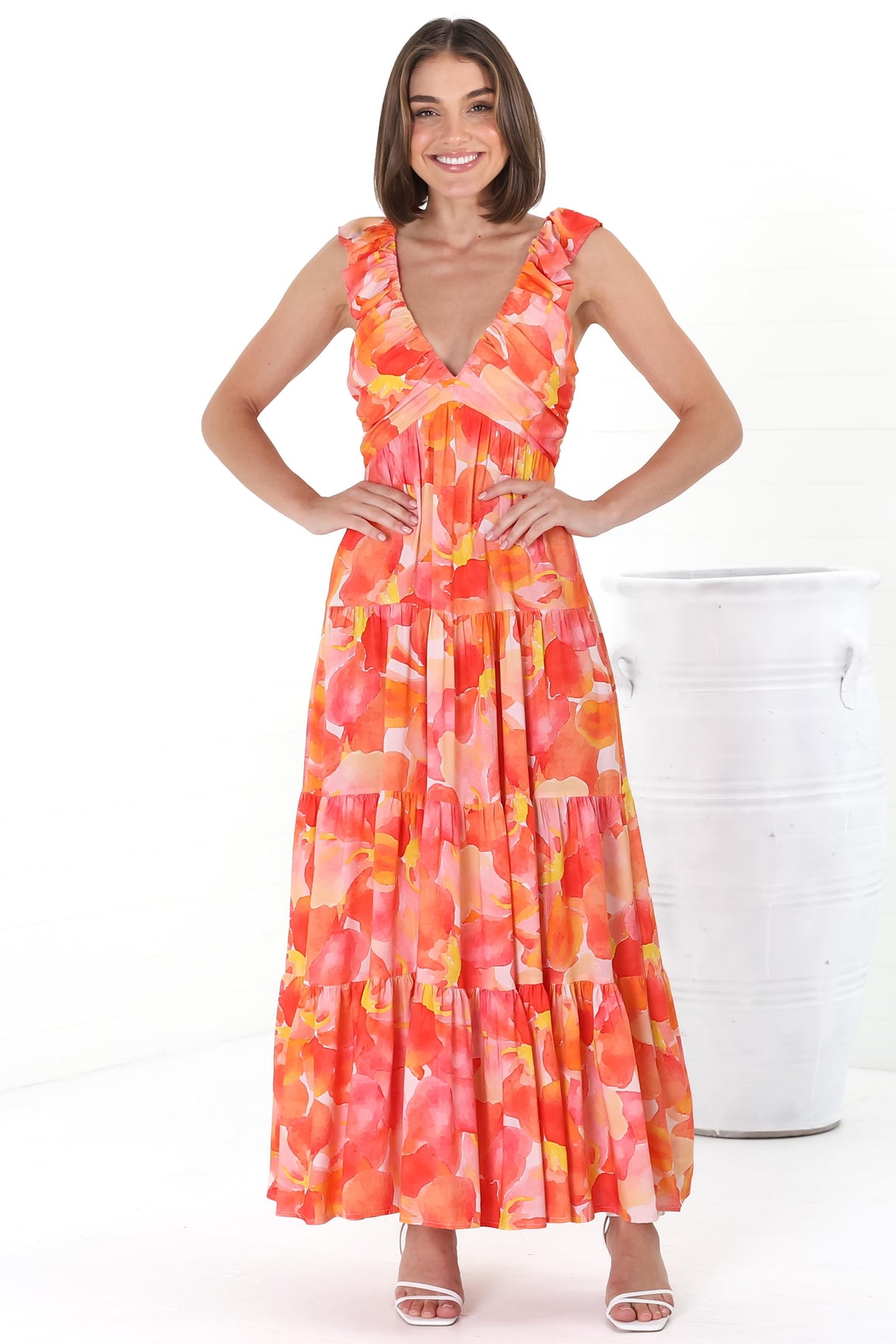 Bethany Maxi Dress - Frill Strap Tiered A-Line Dress in Lavie Print