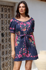 Betina Mini Dress - Scallop Trim Neckline Dress with Waist Tie in Nery Print Navy
