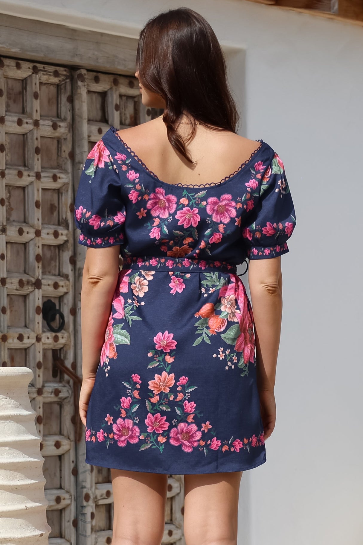 Betina Mini Dress - Scallop Trim Neckline Dress with Waist Tie in Nery Print Navy