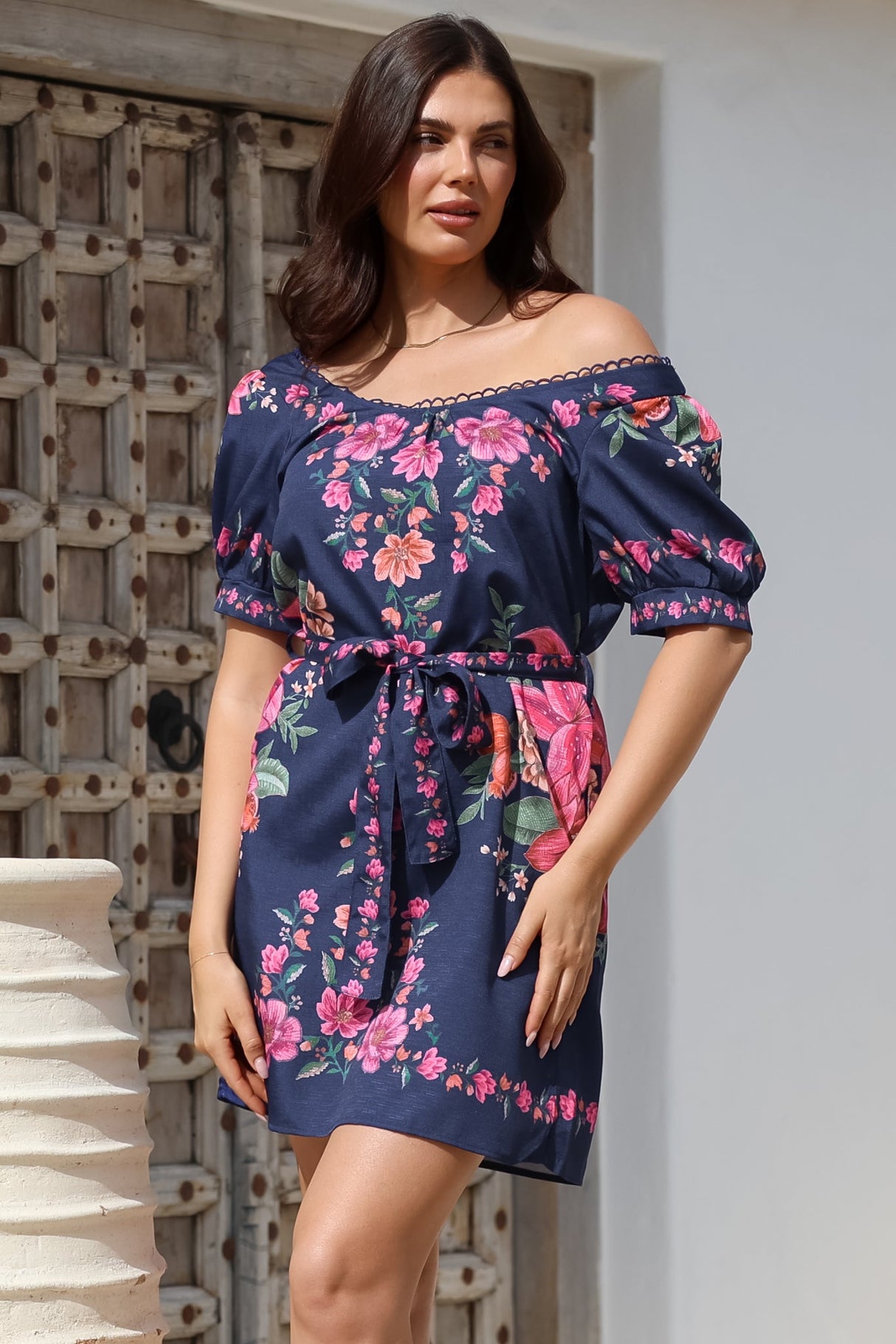 Betina Mini Dress - Scallop Trim Neckline Dress with Waist Tie in Nery Print Navy