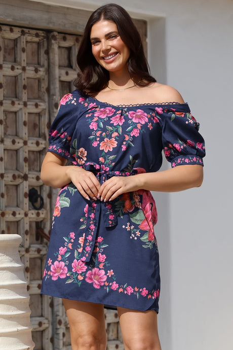 Betina Mini Dress - Scallop Trim Neckline Dress with Waist Tie in Nery Print Navy