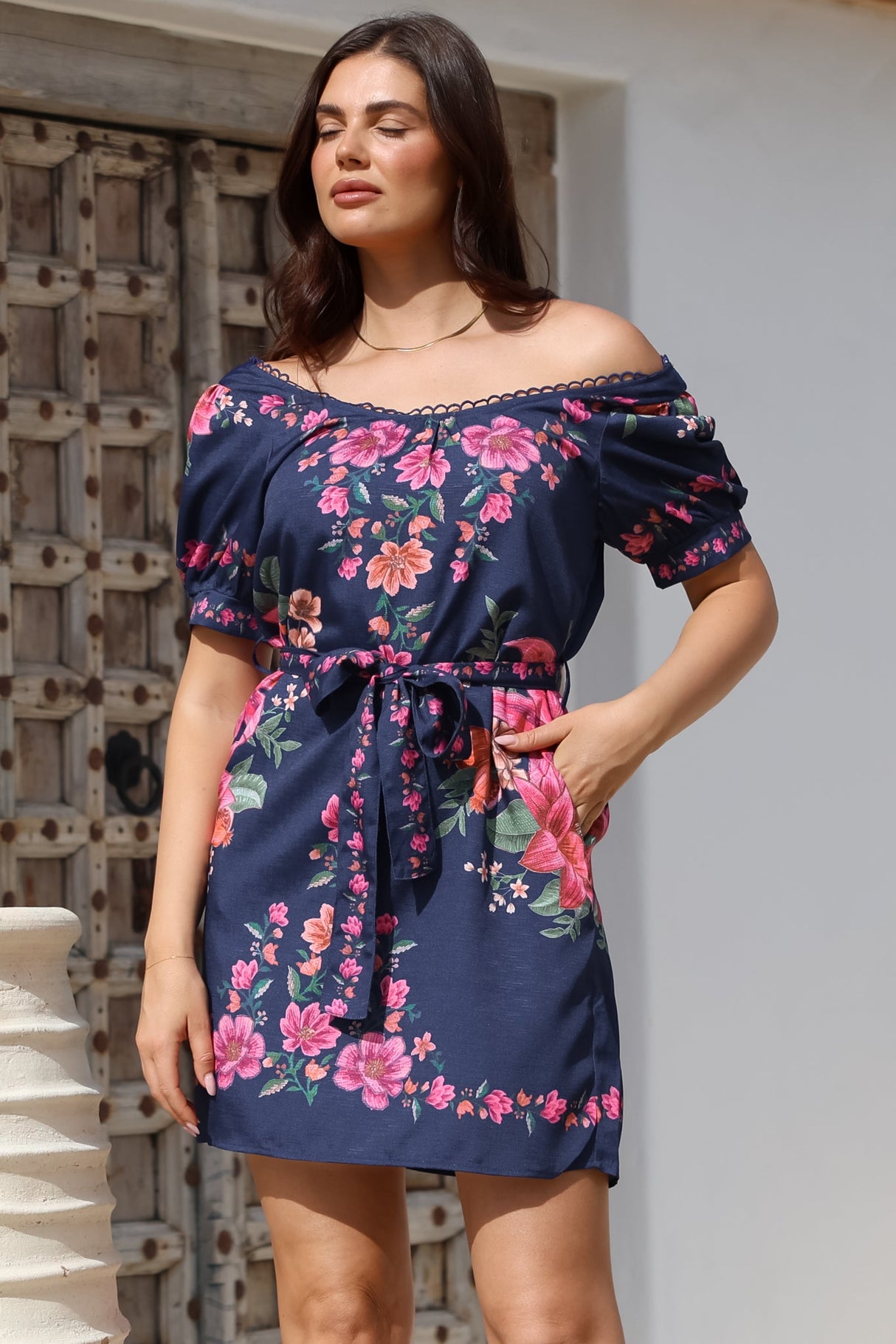 Betina Mini Dress - Scallop Trim Neckline Dress with Waist Tie in Nery Print Navy