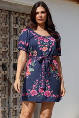 Betina Mini Dress - Scallop Trim Neckline Dress with Waist Tie in Nery Print Navy