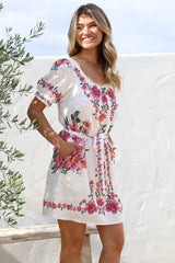 Betina Mini Dress - Scallop Trim Neckline Dress with Waist Tie in Nery Print White
