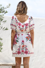 Betina Mini Dress - Scallop Trim Neckline Dress with Waist Tie in Nery Print White