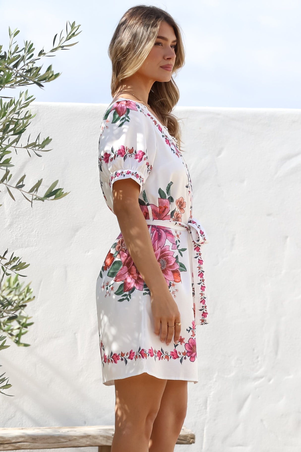 Betina Mini Dress - Scallop Trim Neckline Dress with Waist Tie in Nery Print White