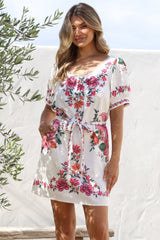 Betina Mini Dress - Scallop Trim Neckline Dress with Waist Tie in Nery Print White