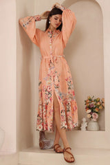 Betty Midi Dress - Collared Shirt Balloon Sleeve Dress with Matching Belt in Evette Print