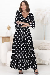 Beverly Maxi Dress - A-Line Dress with Rick Rack Splicing in Pippi Print Black