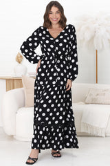 Beverly Maxi Dress - A-Line Dress with Rick Rack Splicing in Pippi Print Black