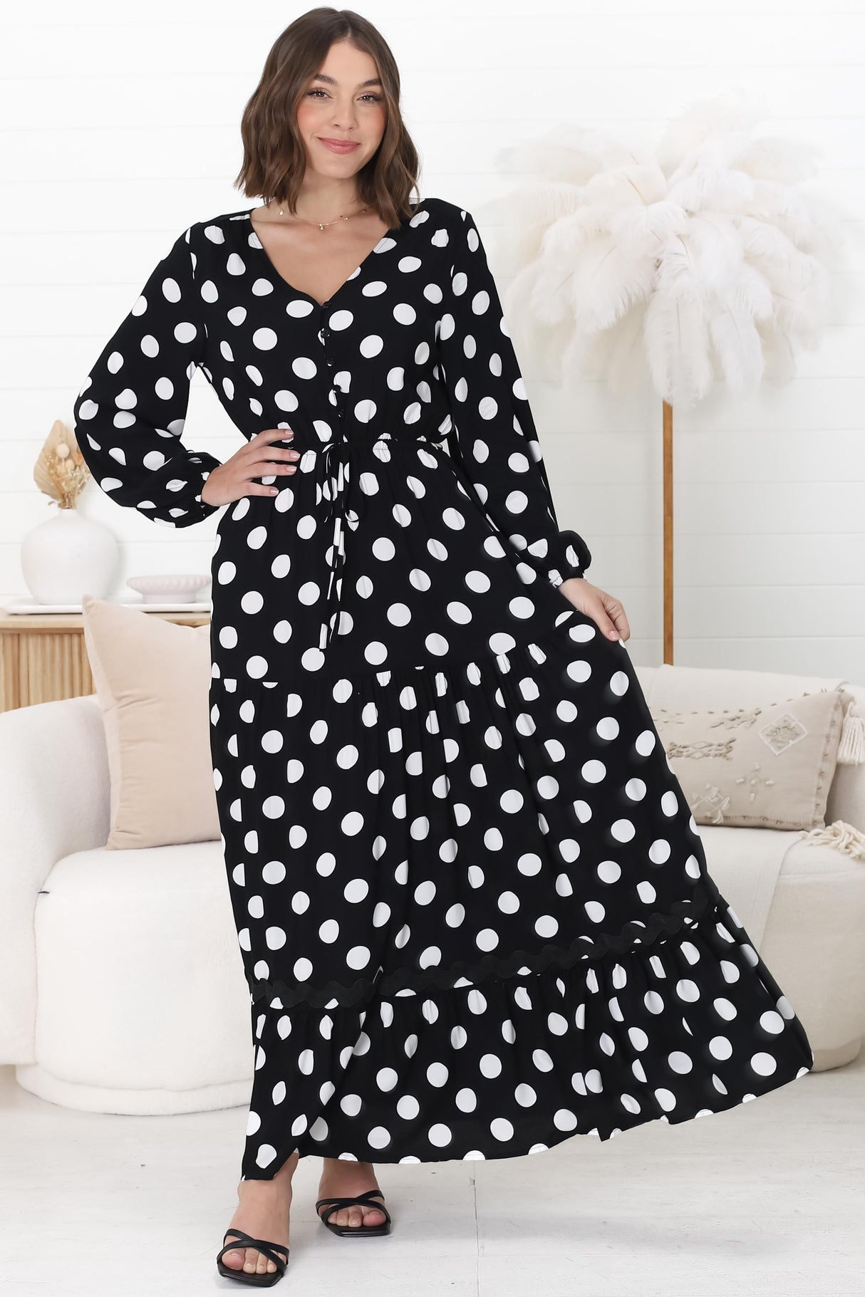 Beverly Maxi Dress - A-Line Dress with Rick Rack Splicing in Pippi Print Black