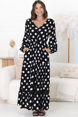 Beverly Maxi Dress - A-Line Dress with Rick Rack Splicing in Pippi Print Black