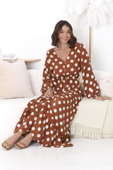 Beverly Maxi Dress - A-Line Dress with Rick Rack Splicing in Pippi Print Brown