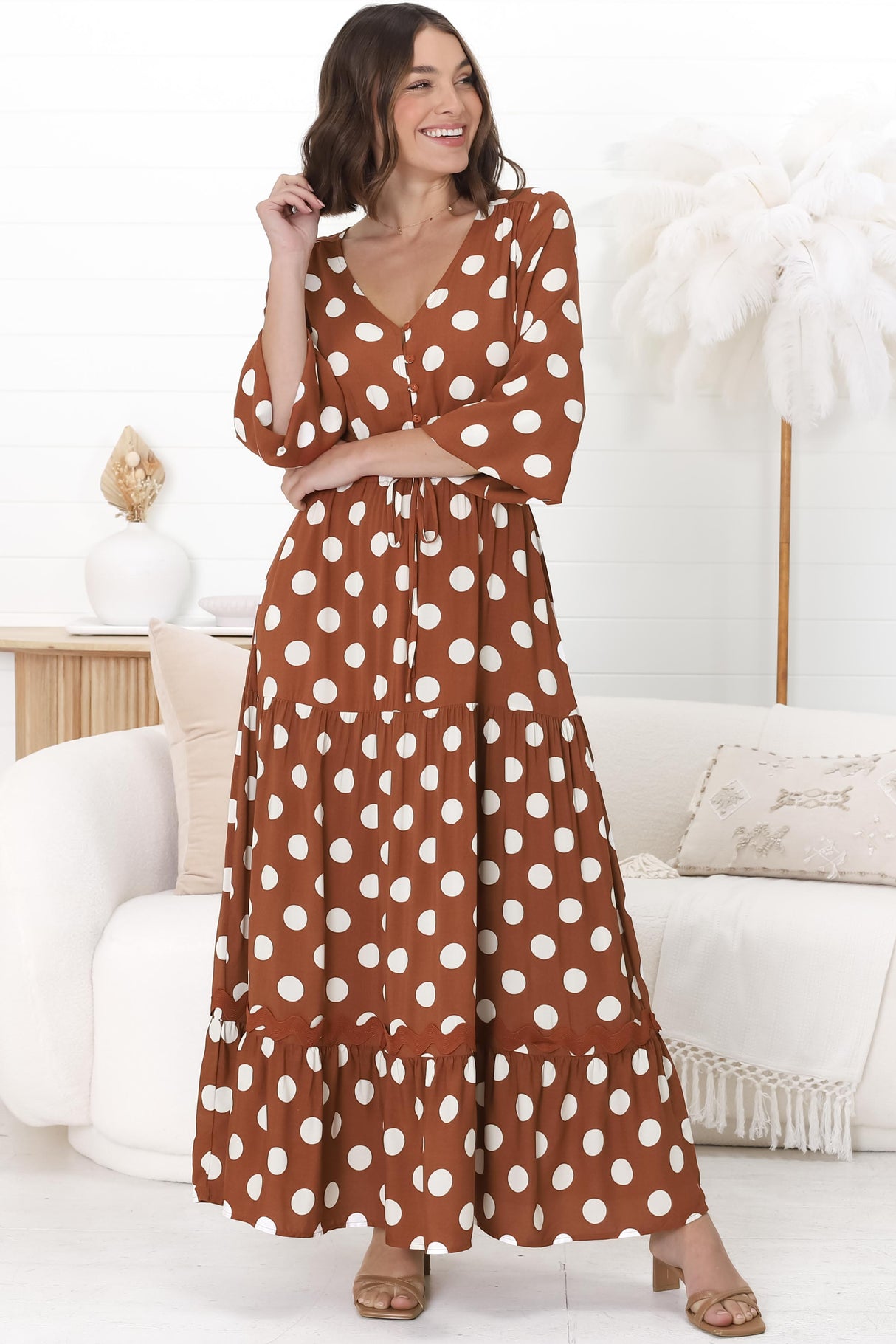 Beverly Maxi Dress - A-Line Dress with Rick Rack Splicing in Pippi Print Brown