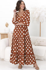 Beverly Maxi Dress - A-Line Dress with Rick Rack Splicing in Pippi Print Brown