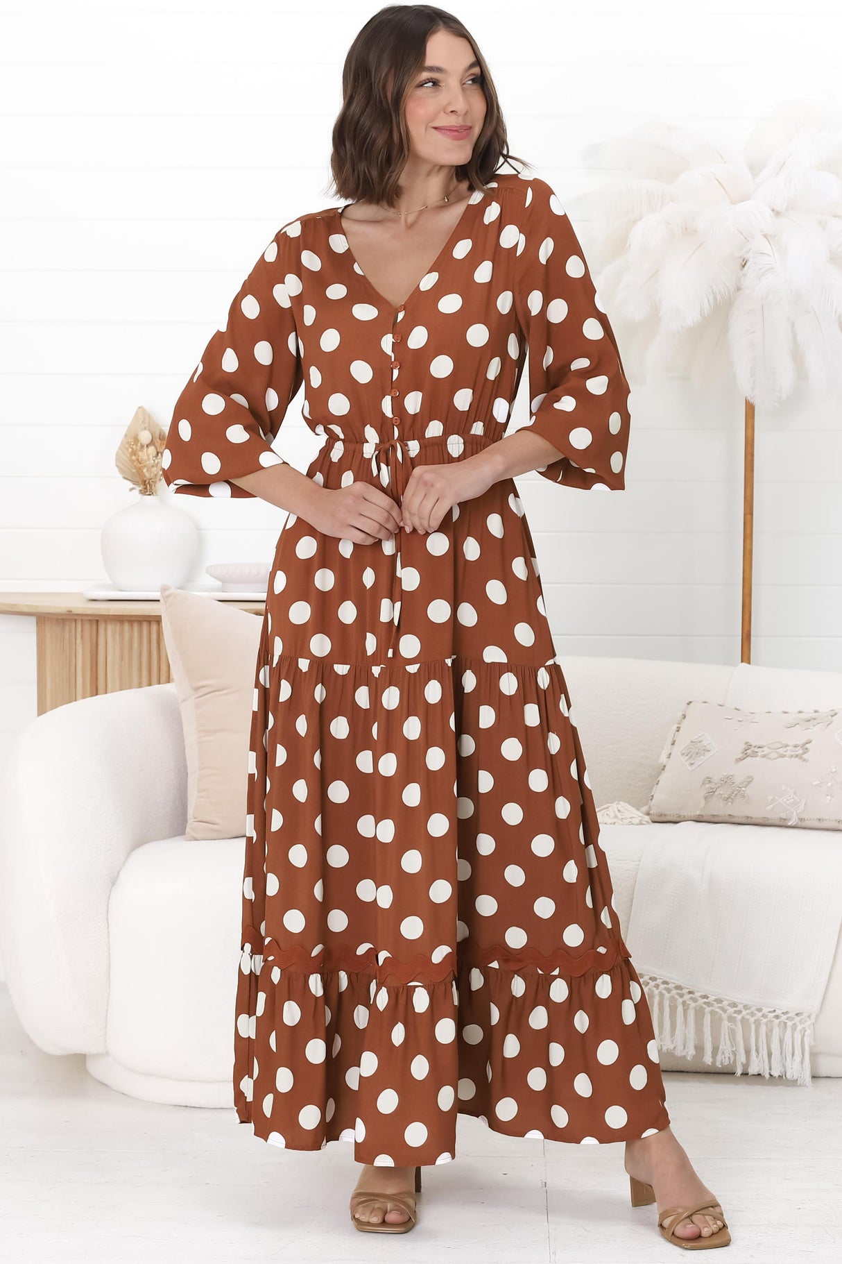 Beverly Maxi Dress - A-Line Dress with Rick Rack Splicing in Pippi Print Brown