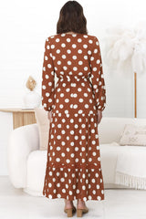 Beverly Maxi Dress - A-Line Dress with Rick Rack Splicing in Pippi Print Brown