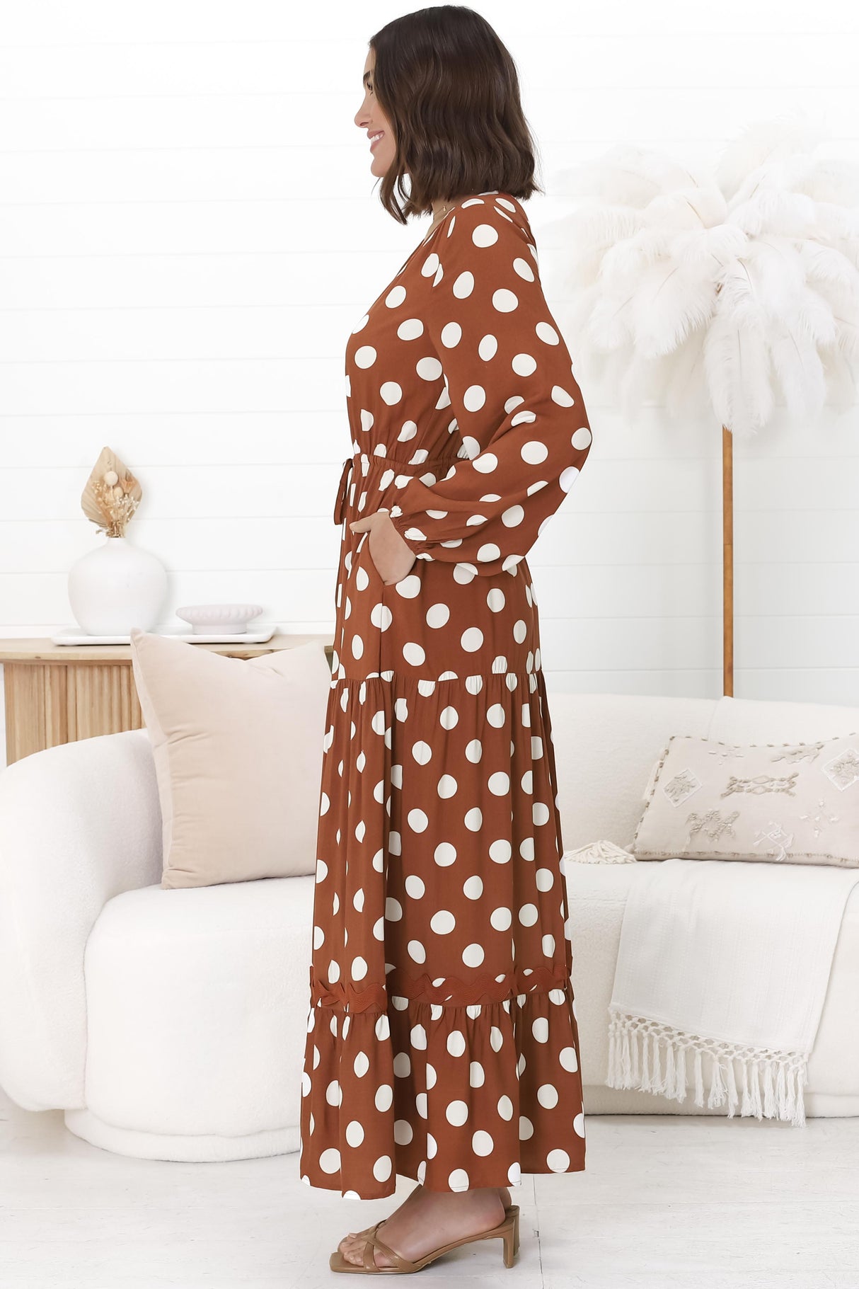 Beverly Maxi Dress - A-Line Dress with Rick Rack Splicing in Pippi Print Brown