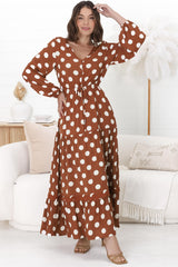 Beverly Maxi Dress - A-Line Dress with Rick Rack Splicing in Pippi Print Brown